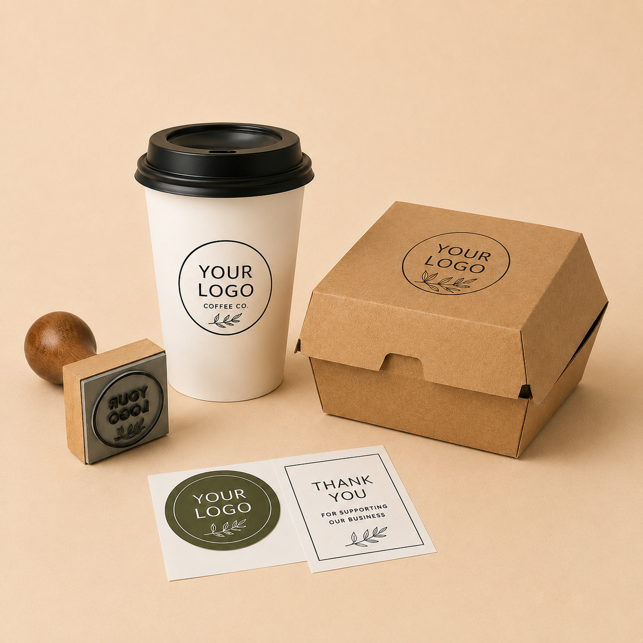     Custom branded packaging including cups, containers, stickers and stamps