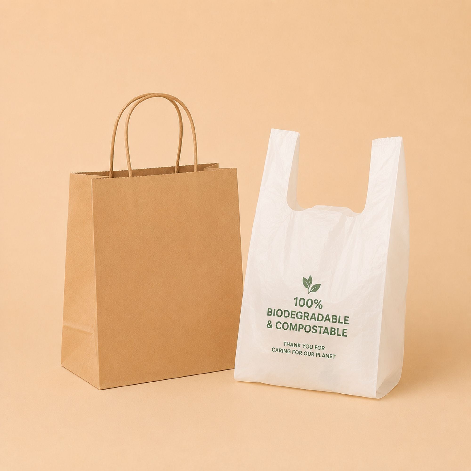     Paper carry bag and biodegradable plastic bag for takeaway and retail packaging
