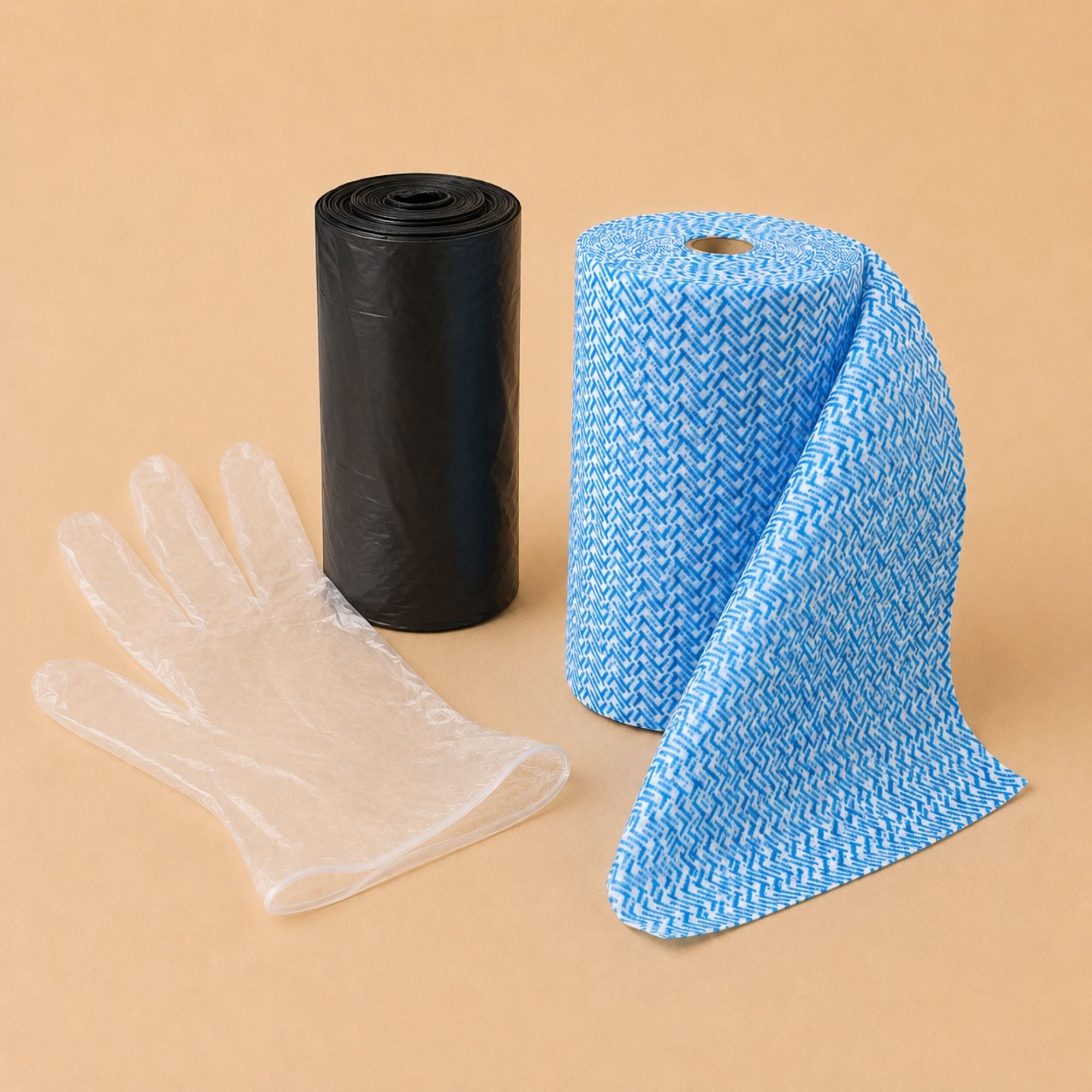     Cleaning wipes, disposable gloves and garbage bags for hospitality businesses
