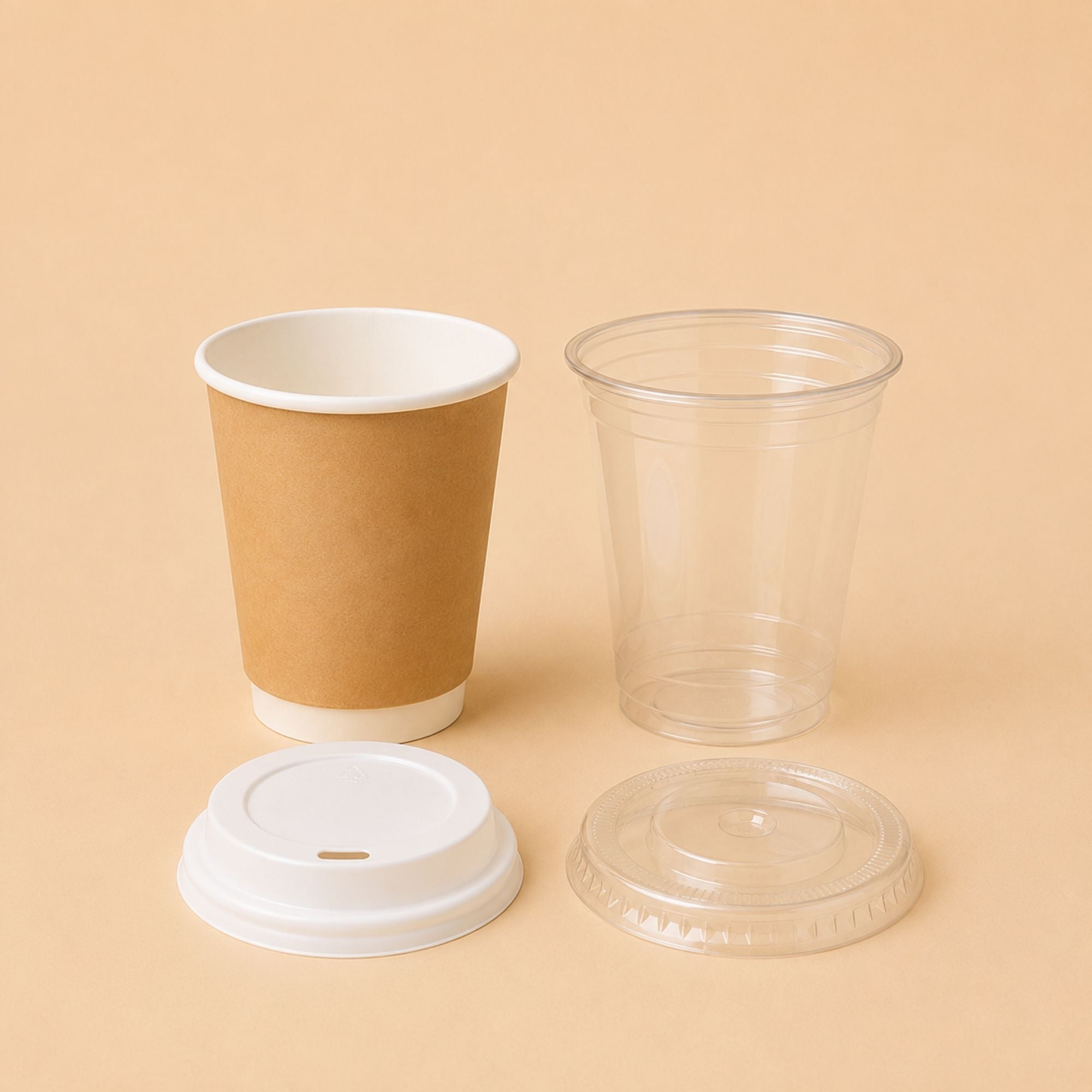     Paper coffee cup, PET cup and matching lids for food service packaging